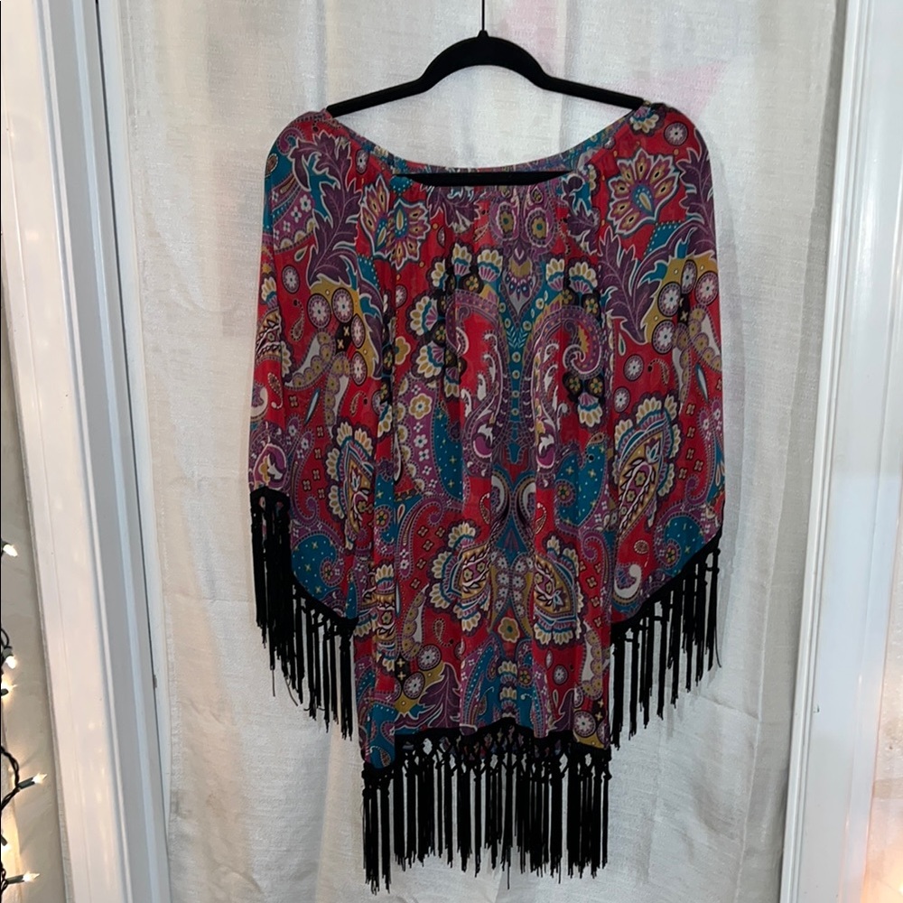 Colorful Paisley Poncho with Fringe